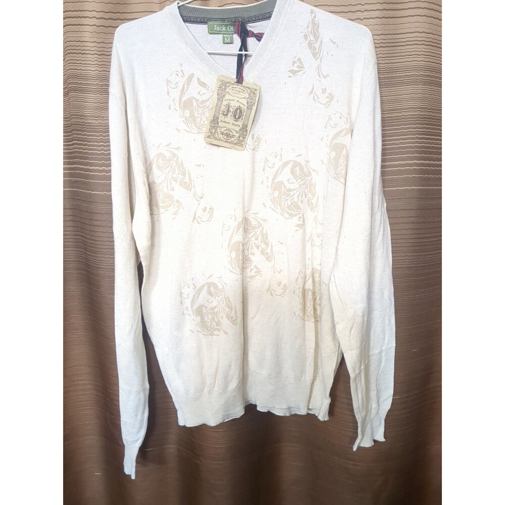 Vintage Luxury Jack Olive Sweater Men's Medium Cream Color V-neck Printed Design